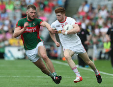 Tyrone's Cathal McShane tackled by Aidan O'Shea of Mayo 6/8/2016
