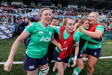 Edel McMahon, Molly Scuffle-McCabe, Katie Whelan and Sadhbh McGrath celebrate after the game 27/4/2024