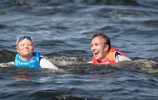 Annalise Murphy celebrates winning a silver medal with bronze medalist Anne-Marie Rindom 16/8/2016