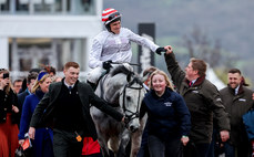 Harry Skelton on Unexpected Party celebrates winning with trainer Dan Skelton 13/3/2024