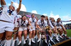 England team celebrate with the Six Nations Trophy on the podium   27/4/2024 