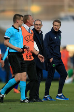 Martin O'Neill and Colin O'Brien speak with Zbynek Proske after the match 14/5/2018