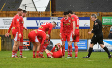 Cliftonville players after Sam Ashford got injured after scoring a goal against Loughgall 16/3/2024