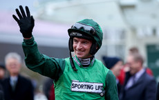 Jockey Patrick Mullins celebrates winning on Jasmin De Vaux 13/3/2024