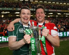 Brian O'Driscoll and Ronan O'Gara celebrate with the Six Nations Trophy 3/3/2014