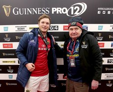 Tyler Belendaal is presented with the Guinness PRO12 man of the match award by Munster Rugby competition winner Martin Murphy 26/11/2016