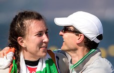 Annalise Murphy celebrates winning a silver medal with team leader James O'Callaghan 16/8/2016