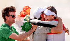 Annalise Murphy celebrates winning silver with Finn Lynch and James O'Callaghan 16/8/2016