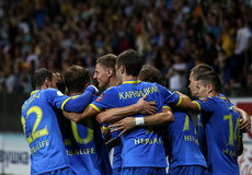 FC BATE Borisov players celebrate after scoring the only goal of the game 26/7/2016
