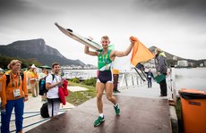 Gary O'Donovan celebrates after winning a silver medal 12/8/2016