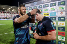 Duane Vermeulen presents Tom Stewart with the BKT United Rugby Championship Player of the Match medal 25/3/2023