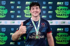 Tom Stewart is presented with the BKT United Rugby Championship Player of the Match medal 25/3/2023