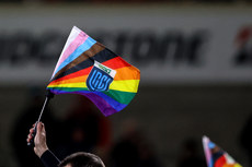 A view of an Assistant Referee’s Rainbow Unity flag 25/3/2023