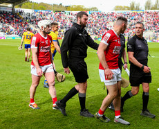 Referee James Owens is confronted by Cork’s Declan Dalton at the end of the game 28/4/2024