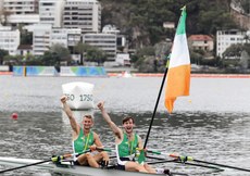 Gary and Paul O'Donovan celebrate winning a silver medal 12/8/2016