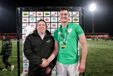 Evan O’Connell is presented with the Under 20 Six Nations Player of the Match award by Enda McNulty 15/3/2024