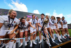 England team celebrate with the Six Nations Trophy on the podium   27/4/2024 