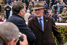 Willie Mullins in congratulated on his win with Lossiemouth by Henry De Bromhead 12/3/2024