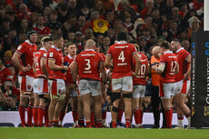 The Wales team huddle after conceding a try 16/3/2024