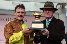 Paul Townend and Willie Mullins celebrate winning the Boodles Cheltenham Gold Cup Chase with Galopin Des Champs 15/3/2024