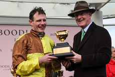 Paul Townend and Willie Mullins celebrate winning the Boodles Cheltenham Gold Cup Chase with Galopin Des Champs 15/3/2024
