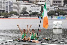 Gary and Paul O'Donovan celebrate winning a silver medal 12/8/2016