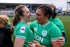 Eve Higgins celebrates after the game with Shannon Ikahihifo 27/4/2024