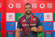 Tadhg Beirne is presented with the URC player of the match award 27/4/2024
