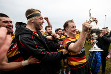 Archie MacLean, Gary Duffy and Matthew Earley celebrate with the Connacht Senior Cup 9/3/2024