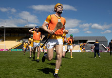 The Antrim team enter the pitch ahead of the game 21/4/2024