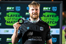 Max Williamson is presented with the BKT United Rugby Championship Player of the Match award 19/4/2024