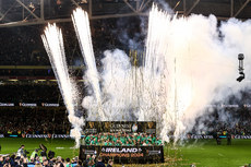 The Ireland team lift the Guinness Six Nations trophy 16/3/2024