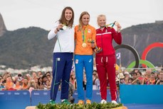 Annalise Murphy with Marit Bouwmeester and Anne-Marie Random on the podium with their medals 16/8/2016