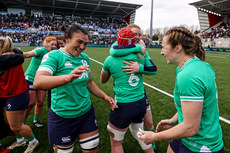 Shannon Ikahihifo celebrates after the game with Eve Higgins 27/4/2024