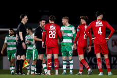 Richard Storey and Rob Hennessy speak to Nando Pijnaker and Daragh Nugent after the final whistle 9/3/2024