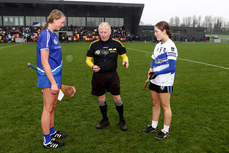 Alan Lagrue with Aisling Cussen and Ellie Griffin during the coin toss 13/3/2024