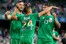 Shane Duffy, Graham Burke and /13/ celebrate after a goal 2/6/2018
