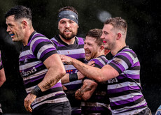 Alan Bennie is congratulated by teammates after scoring his side's fourth try of the match 25/3/2023