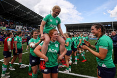 Niamh O'Dowd celebrates after the game with Neve Jones on her shoulders 27/4/2024