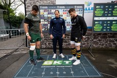 Dave Heffernan, Federico Vedovelli and Steff Hughes during the coin toss 27/4/2024