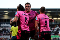 Jacob Umaga celebrates after scoring his side's second try with Michele Lamaro and Andy Uren 26/4/2024