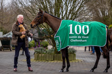 Willie Mullins with Jasmin De Vaux who won the Weatherbys Champion Bumper and earned him his 100th Cheltenham Festival winner 19/3/2024