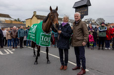 Willie Mullins and his wife Jackie with Jasmin De Vaux who won the Weatherbys Champion Bumper and earned him his 100th Cheltenham Festival winner 19/3/2024