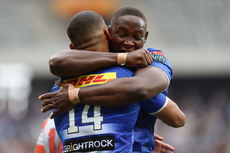 Suleimon Hartzenberg celebrates with Nama Xaba after scoring his sides first try of the game 23/3/2024