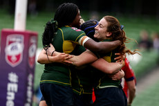 Maddy Aberg celebrates after scoring her side's third try with Faith Oviawe 28/4/2024