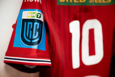 A view of a BKT United Rugby Championship sleeve patch on a Scarlets jersey before the game 26/4/2024