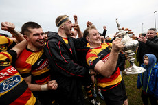 Archie MacLean, Gary Duffy and Matthew Earley celebrate with the Connacht Senior Cup 9/3/2024