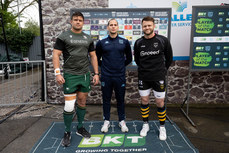 Dave Heffernan with Federico Vedovelli and Steff Hughes during the coin toss 27/04/2024
