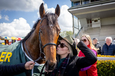 Irene Sands plants a kiss on Givemethebeatboys after winning The Space Traveller Irish EBF Committed Stakes 27/4/2024