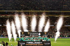 The Ireland team lift the Guinness Six Nations trophy 16/3/2024